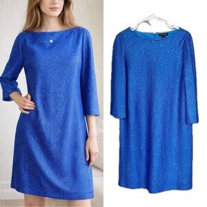St. John Blue Sequin Knit Knee Length Dress 3/4 Flare Sleeve S (6)